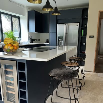 Dark kitchen with pendant lights over the island